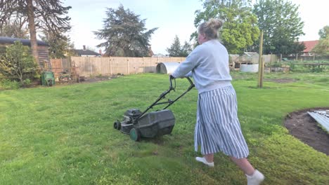 young woman maintains large garden lawn grass with petrol mower