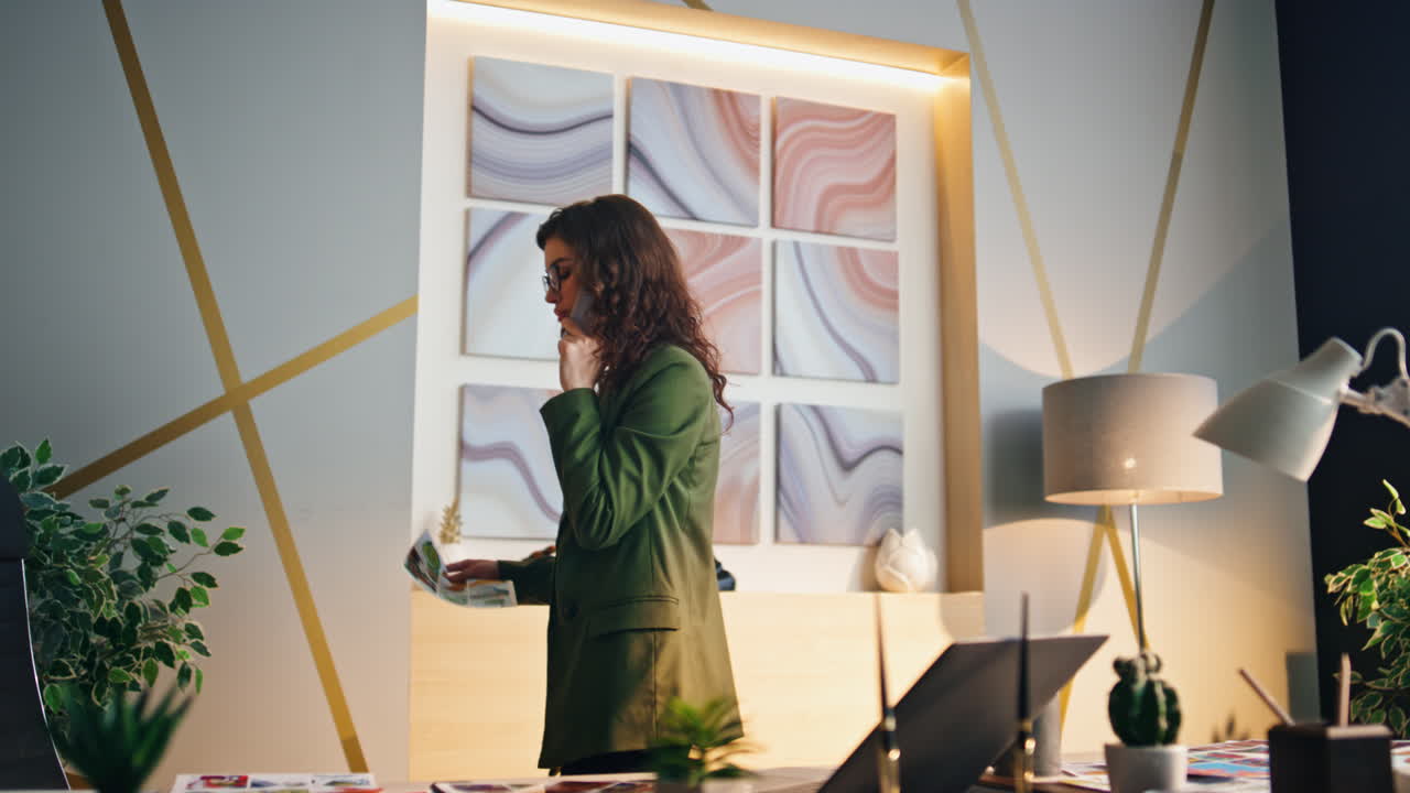 바쁜 매니저가 전화를 걸고 현대적인 사무실에 서 있습니다. 똑똑한 여자가 이야기하고 있습니다.