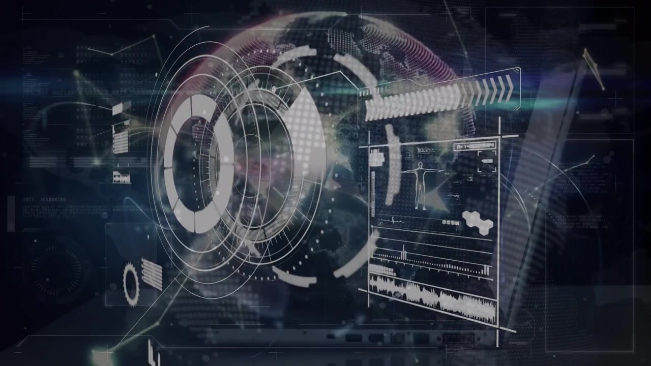 Animation of scope scanning over data processing and globe on black background