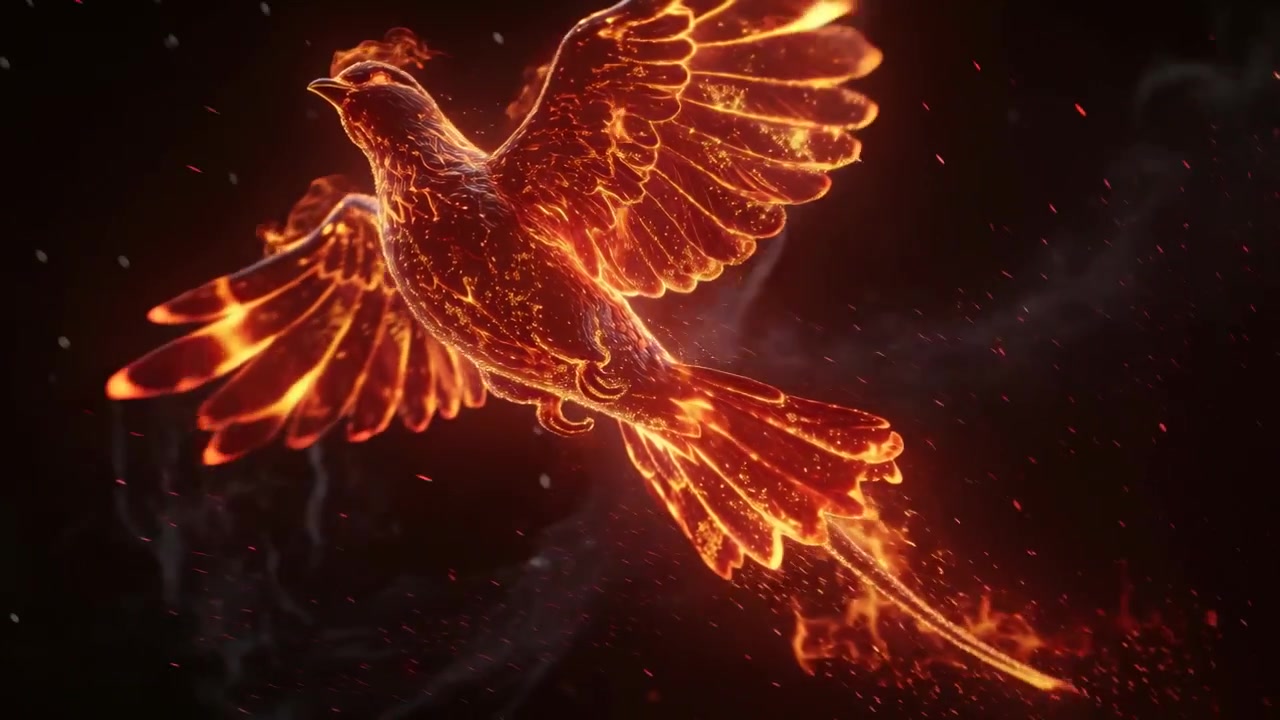 Un uccello fuso che prende il volo sfiora una superficie carbonizzata riflettente in un vuoto oscuro, con una scia di braci.