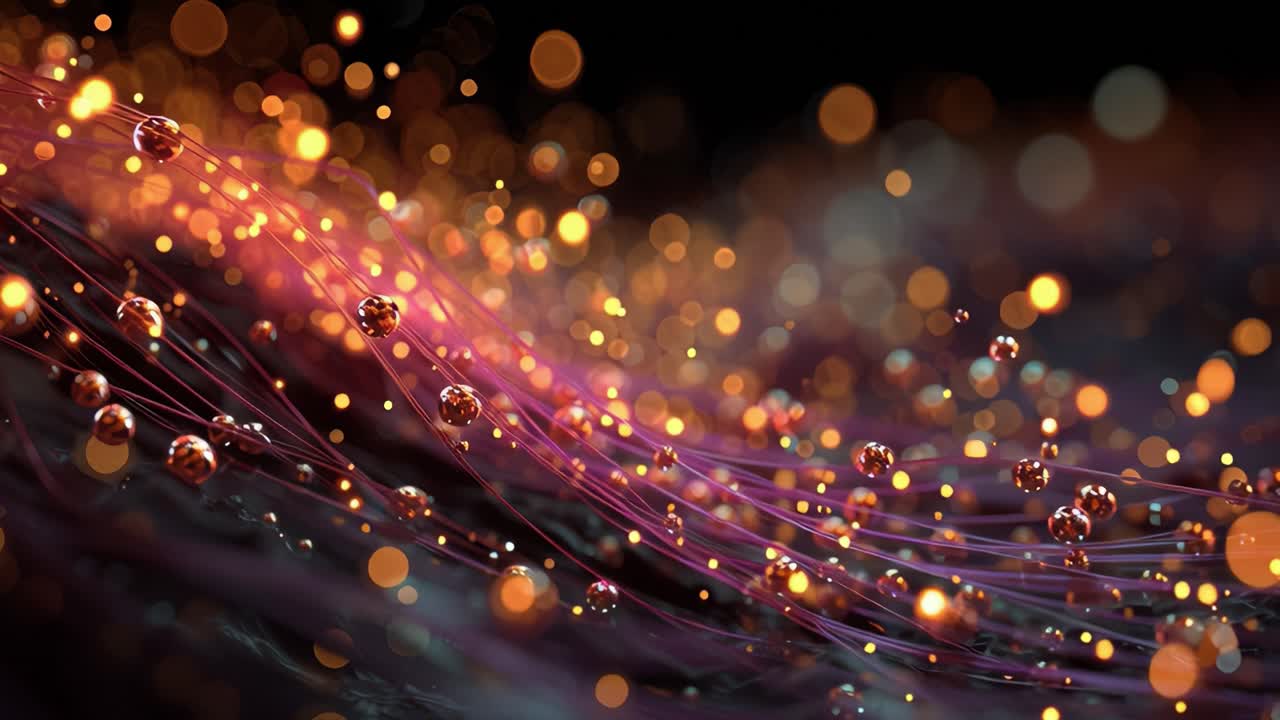 Beautiful abstract background featuring glowing golden bokeh particles and copper spheres floating on waving purple strings in a slow and relaxing motion over a dark, elegant backdrop