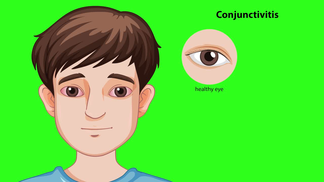 Cartoon animation explains conjunctivitis types with close-up eye diagrams, green background, and smooth transitions
