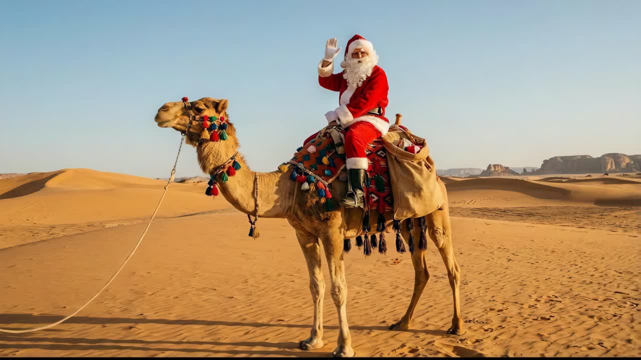 Santa Claus riding a camel in the desert