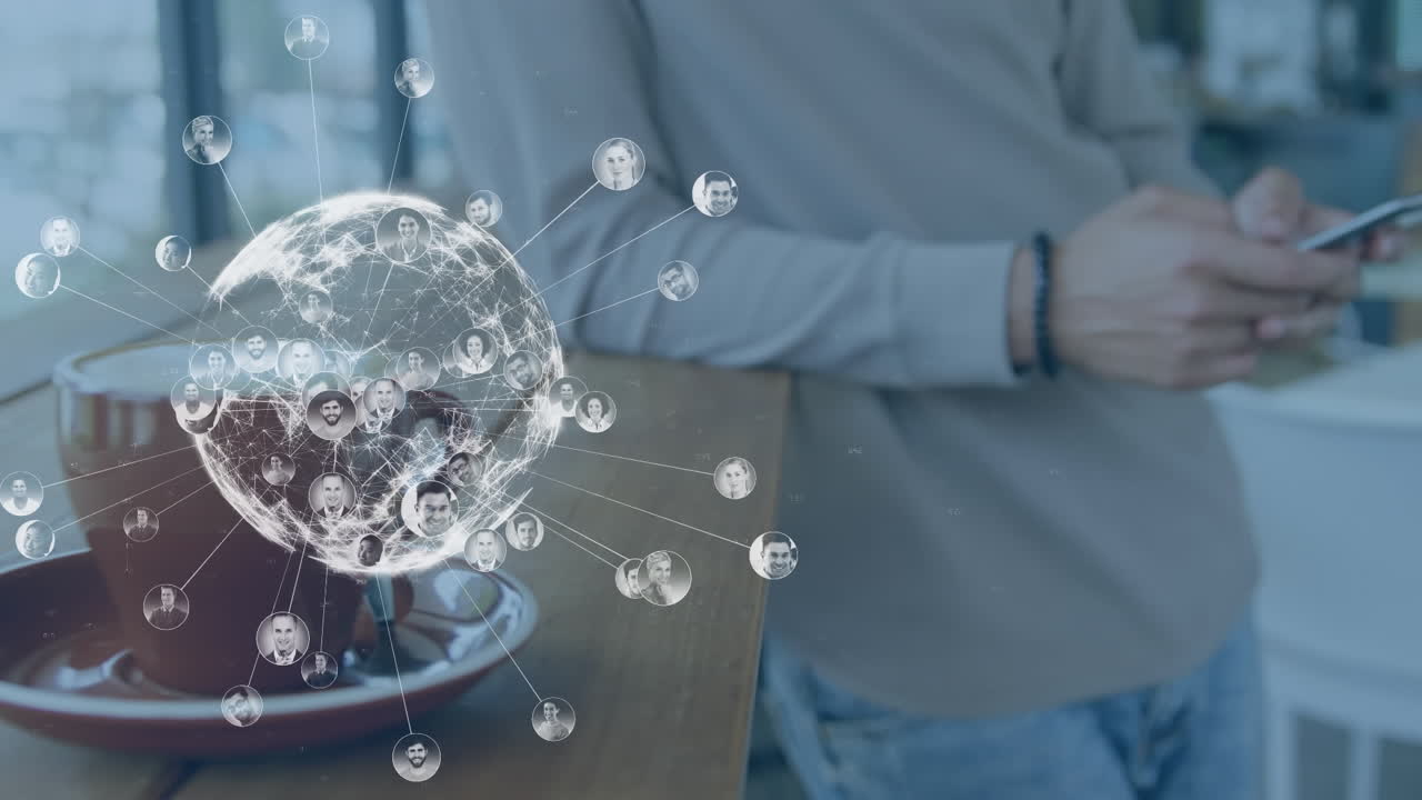 스마트 폰을 사용하여 데이터 처리 및 인간 위의 지구의 애니메이션