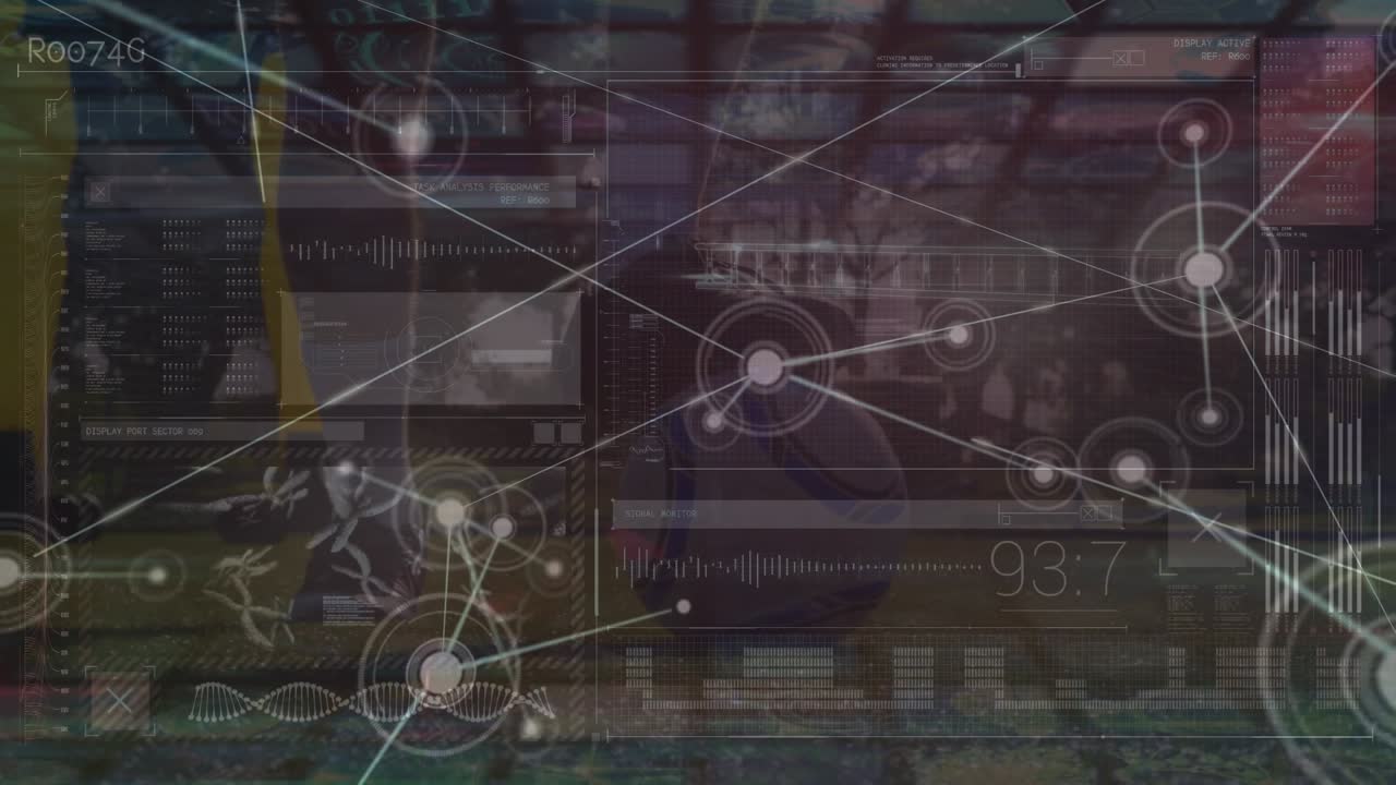 Animation of network of connections and digital screen over legs of male soccer player