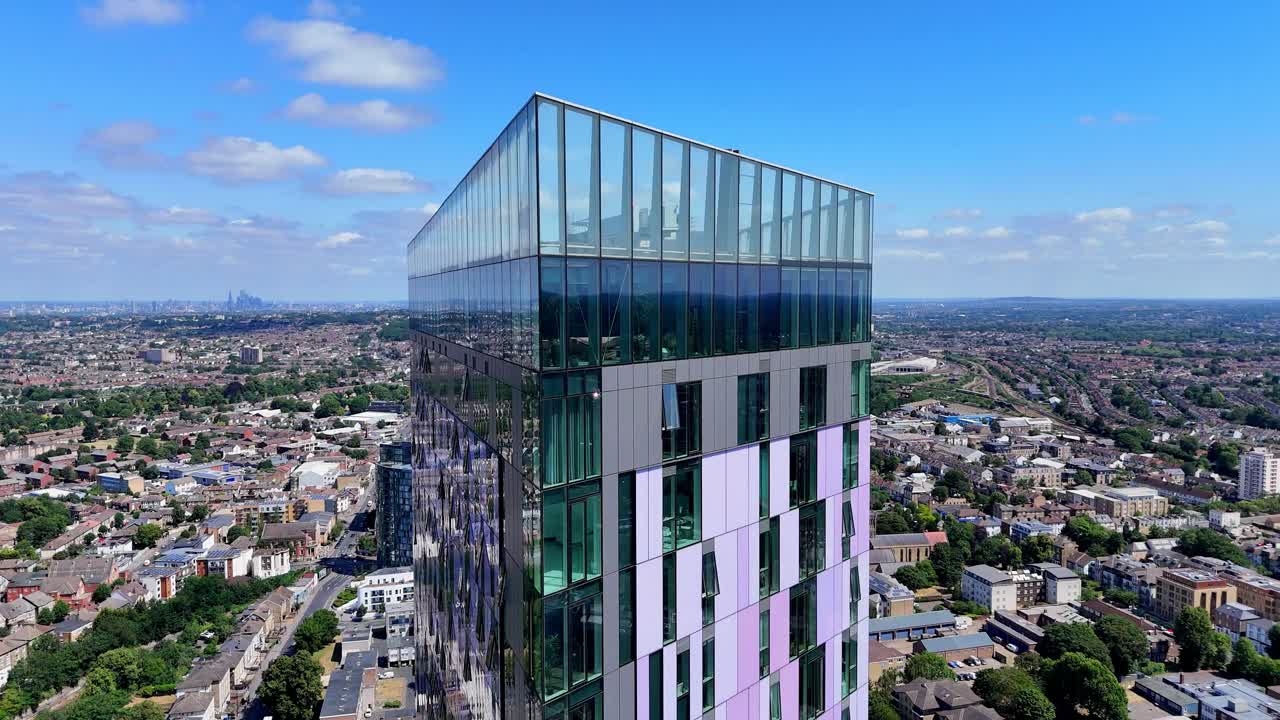 Unique aerial perspective of Saffron Tower in Croydon, showcasing the vivid colors, geometric patterns, and striking height of this modern London landmark.