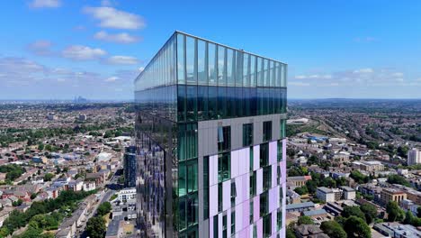 unique aerial perspective of saffron tower in croydon, showcasing the vivid colors, geometric patterns, and striking height of this modern london landmark.