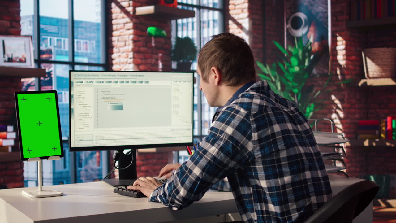 hombre en la oficina de casa mirando las redes sociales con transmisiones en vivo