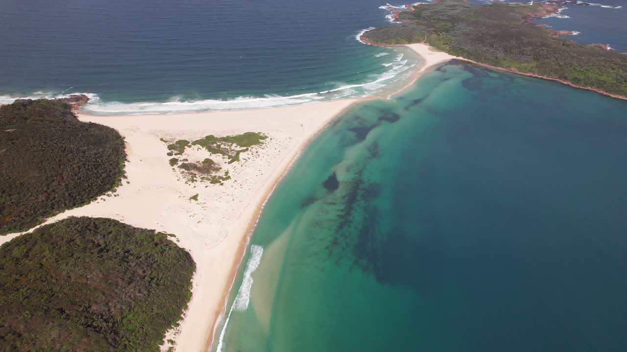 Fingal Beach And Sand Spit Connecting Island In Summer In New South Wales, Australia. - aerial shot