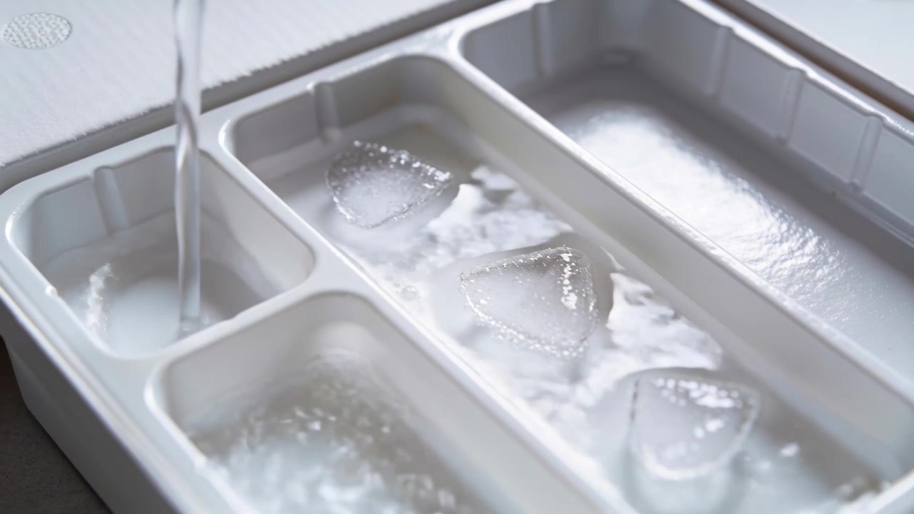 Jevn strøm av klart vann fyller hvit plastisbitform på benken, danner is