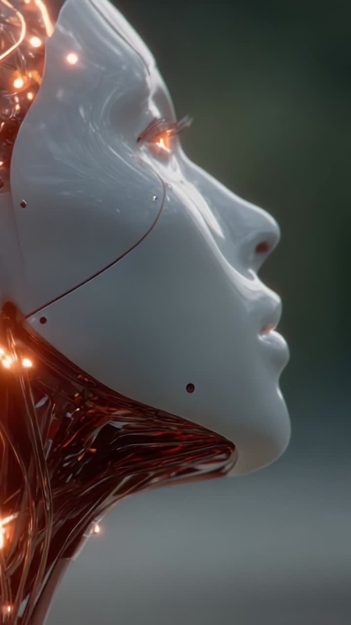 Uma evolução impressionante de uma mulher robô futurista, mostrando a transformação da tecnologia avançada e do design artístico em um retrato de close-up cativante