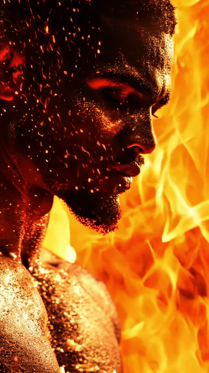 A man with a beard and a black shirt is standing in front of a wall with smoke