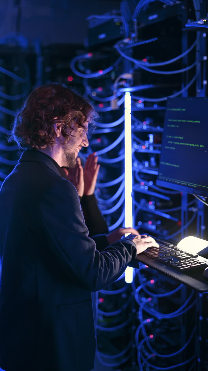 A man and a woman programming in a server room. Vertical