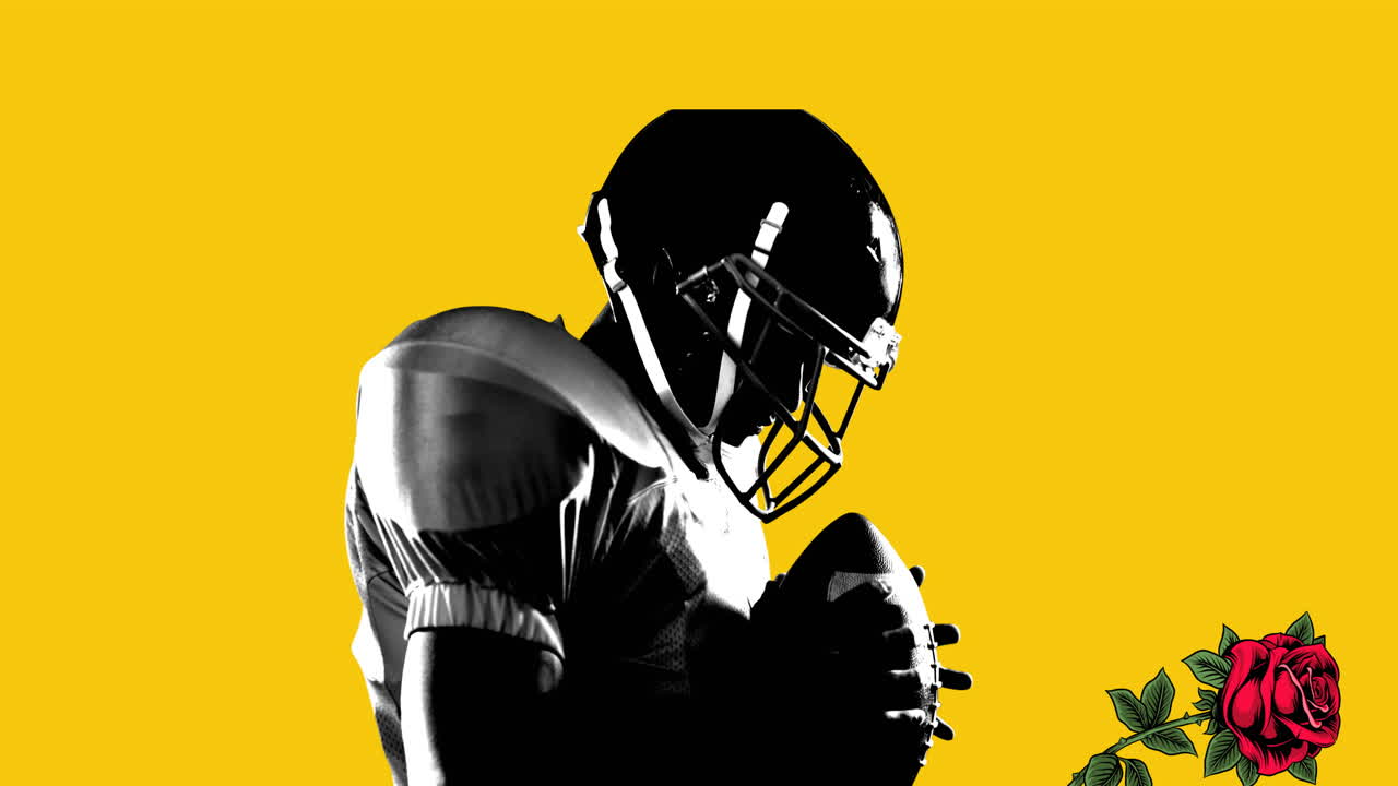 animación de rosas rojas cayendo sobre un jugador de fútbol americano masculino con una pelota en un fondo amarillo