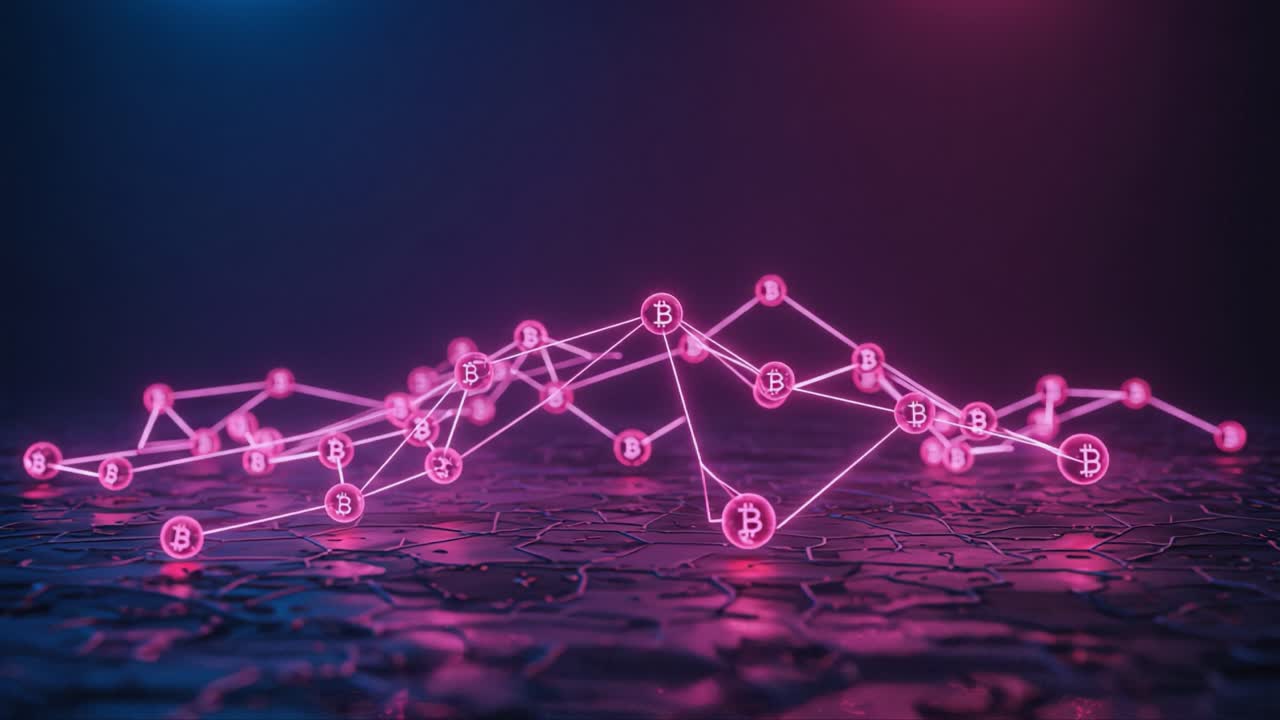 Dynamic Cryptocurrency Network Visualization with Glowing Nodes, Reflective Surface and Futuristic Background, Showcasing the Blockchain Concept in a Digital Realm