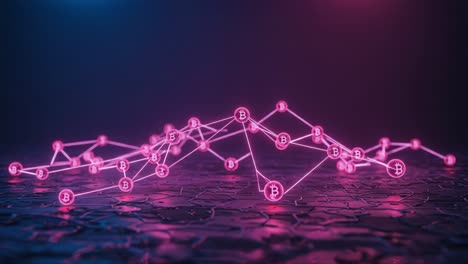 dynamic cryptocurrency network visualization with glowing nodes, reflective surface and futuristic background, showcasing the blockchain concept in a digital realm