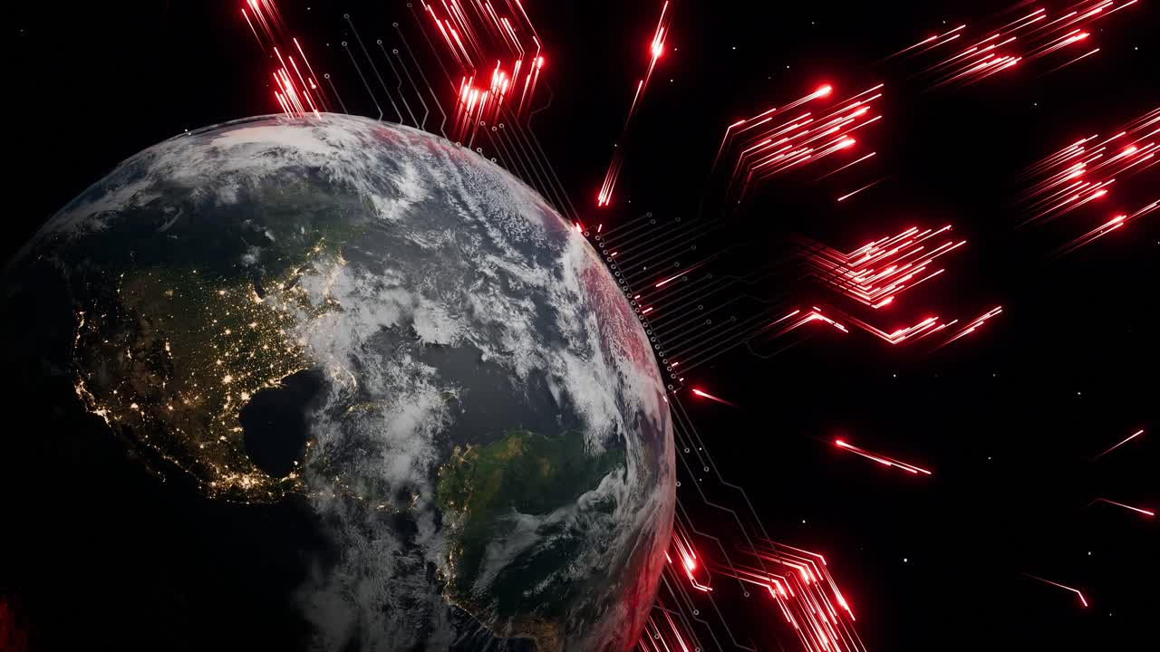 Planet Earth with visible North and Central America at night and glowing red digital circuit arrows in outer space. 3D render symbolizing global data transmission, cyber communication and digital