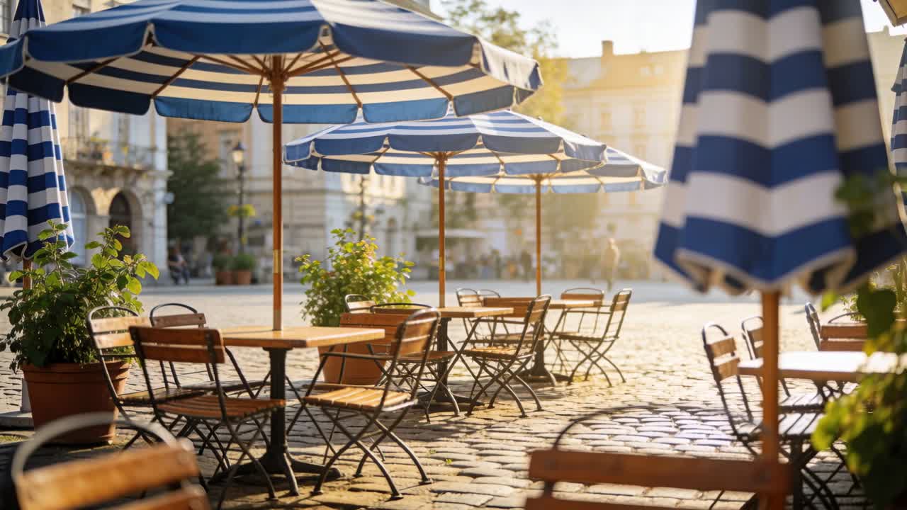 Luce solare che riscalda tavoli e sedie di un caffè vuoti sotto gli ombrelloni in una piazza mentre una persona cammina.