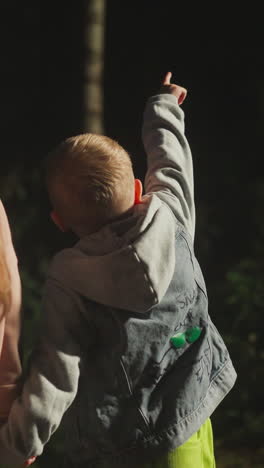 children look at wild forest at evening twilight. boy points forward paying sister attention to nature in night woods. little kids at woodland resort