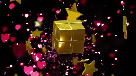 animation of christmas gold stars and present on black background