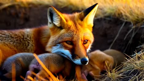a mother fox is laying down with her babies