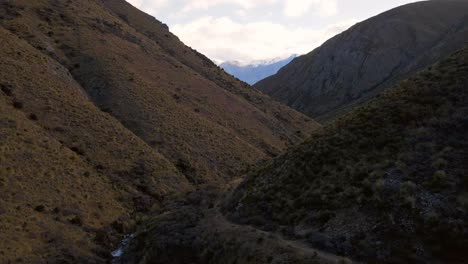 Drone-flight-through-dry,-grassy-canyon