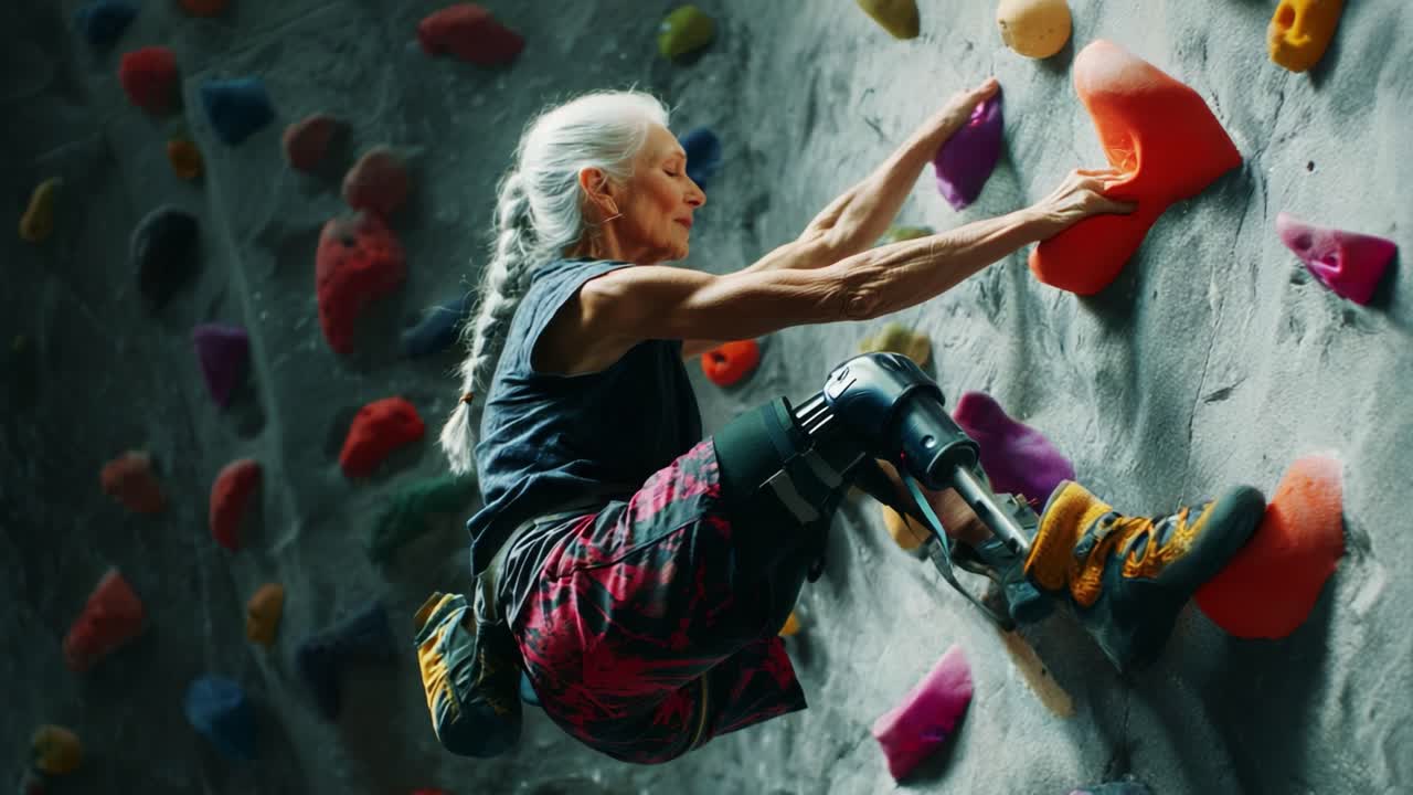 An Inspiring Climber Overcomes Challenges at the Rock Climbing Gym, Showcasing Determination and Strength as She Skillfully Navigates the Colorful Holds with Confidence