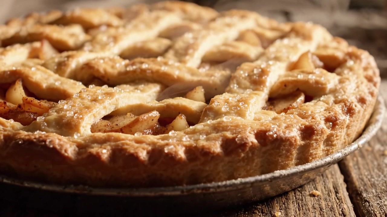 Delicious Golden Brown Apple Pie with a Lattice Crust Freshly Baked and Ready to Serve, Featuring Sweet and Spicy Apple Filling Encased in Flaky Pastry