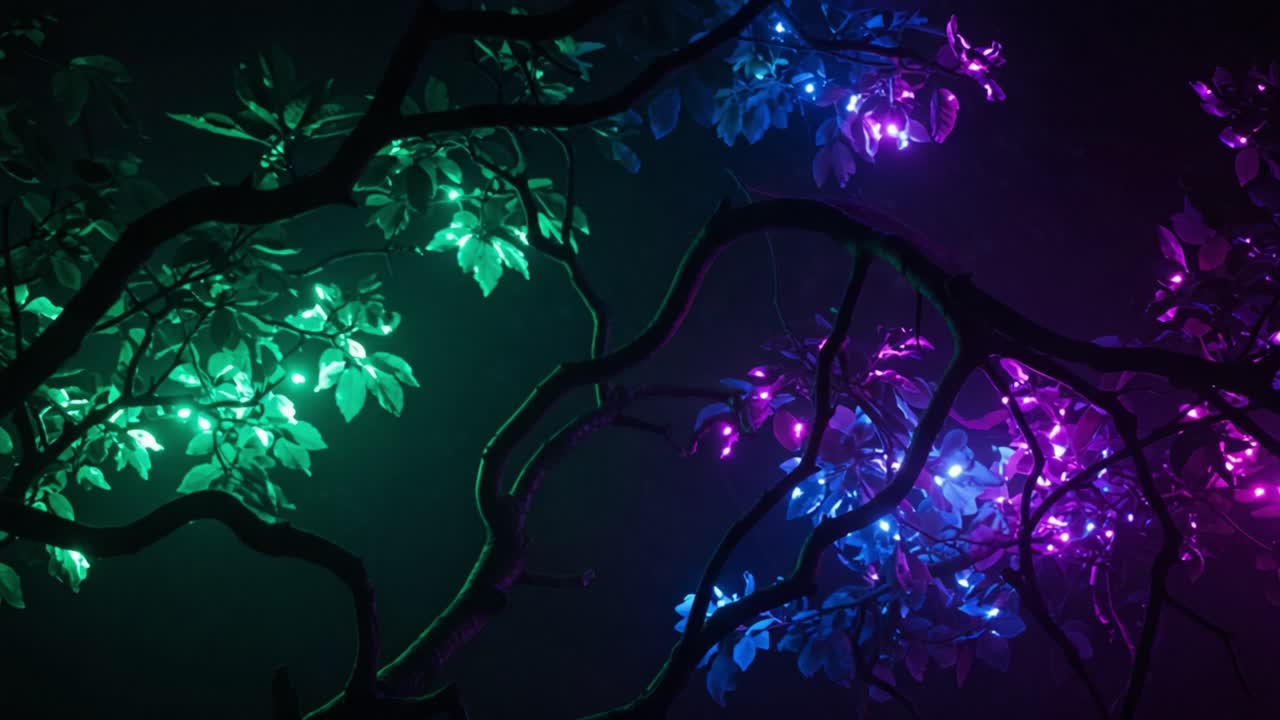 Illuminated Foliage: A Captivating Display of Vibrant Colors and Artistic Light Effects Shining Through the Branches of Nature in a Dreamlike Setting