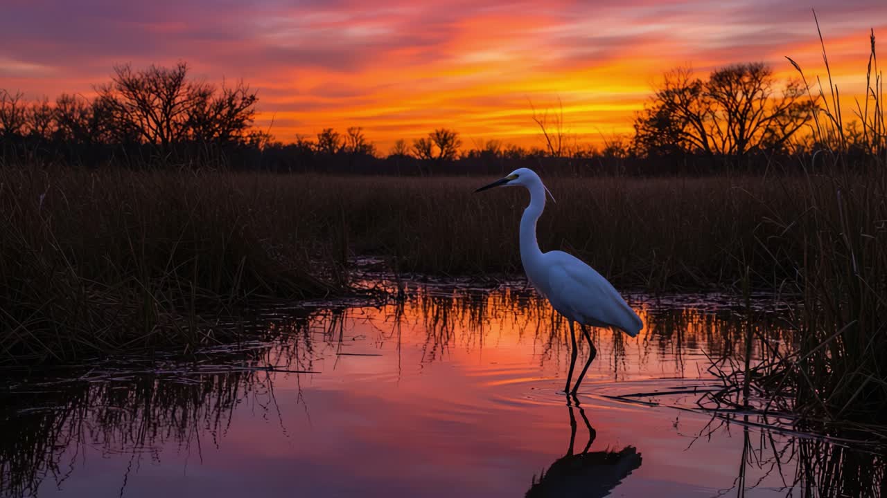 A Serene White Heron Gracefully Stands in Tranquil Waters at Sunset, Reflecting Beautiful Colors of the Sky Over a Peaceful Marsh Landscape