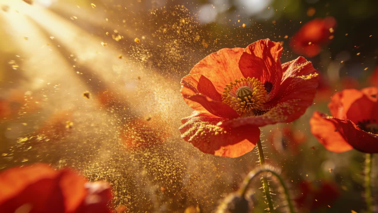 Sonnenstrahl beleuchtet Pollen, Brise trägt Staub, umwirbelt hellroten Mohn, der in der Wiese seinen Stempel zeigt.