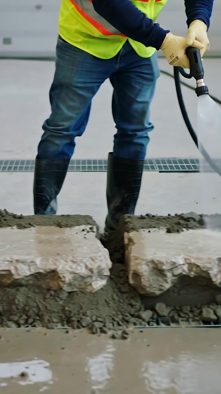 Video vertical: Hombre con chaleco iniciando un chorro, enjuagando juntas con una manguera hacia el desagüe del garaje, con espacio para texto.