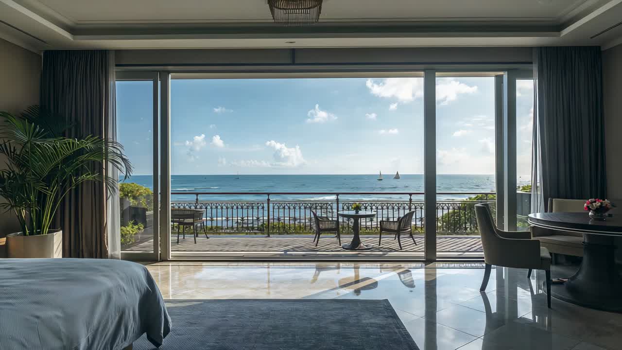 Shifting sunlight nudging floor-to-ceiling sliding doors opening onto balcony, revealing sailboats