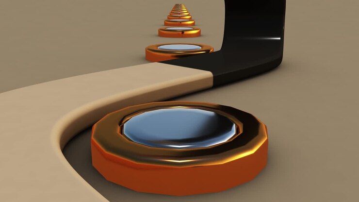 3D Animation of abstract graphics. A long object falling from above, around a round object. Zoom in.