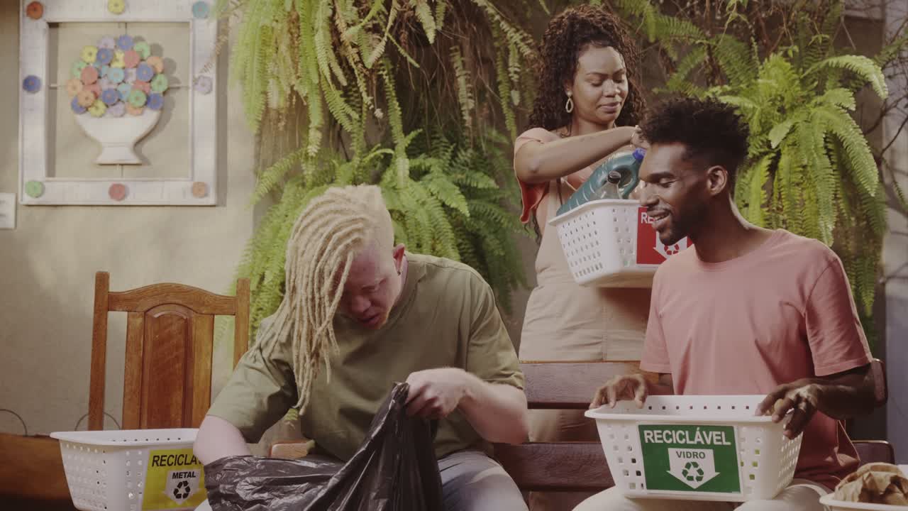 Three people sorting recyclable waste into labeled bins at home