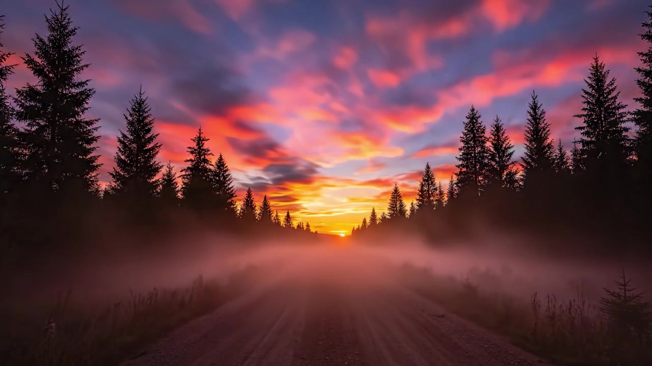 A Serene Transition from Dawn to Dusk: Capturing the Transformative Beauty of Nature with Majestic Suburban Roads Surrounded by Tall Evergreen Trees