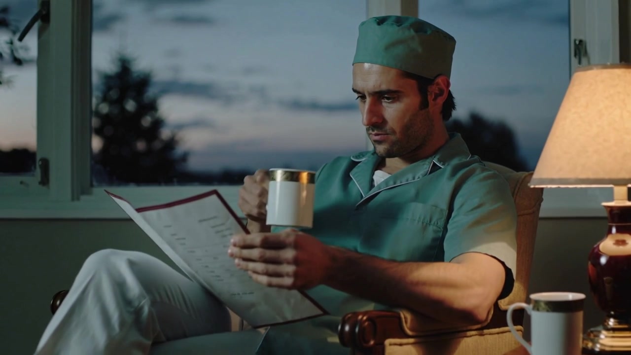 Reading doctor in teal scrubs with sky darkening, reviewing report pre-shift at window, sipping mug