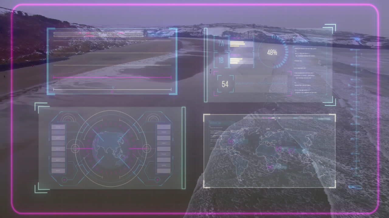 Displaying animation of futuristic data interface over snowy mountain landscape