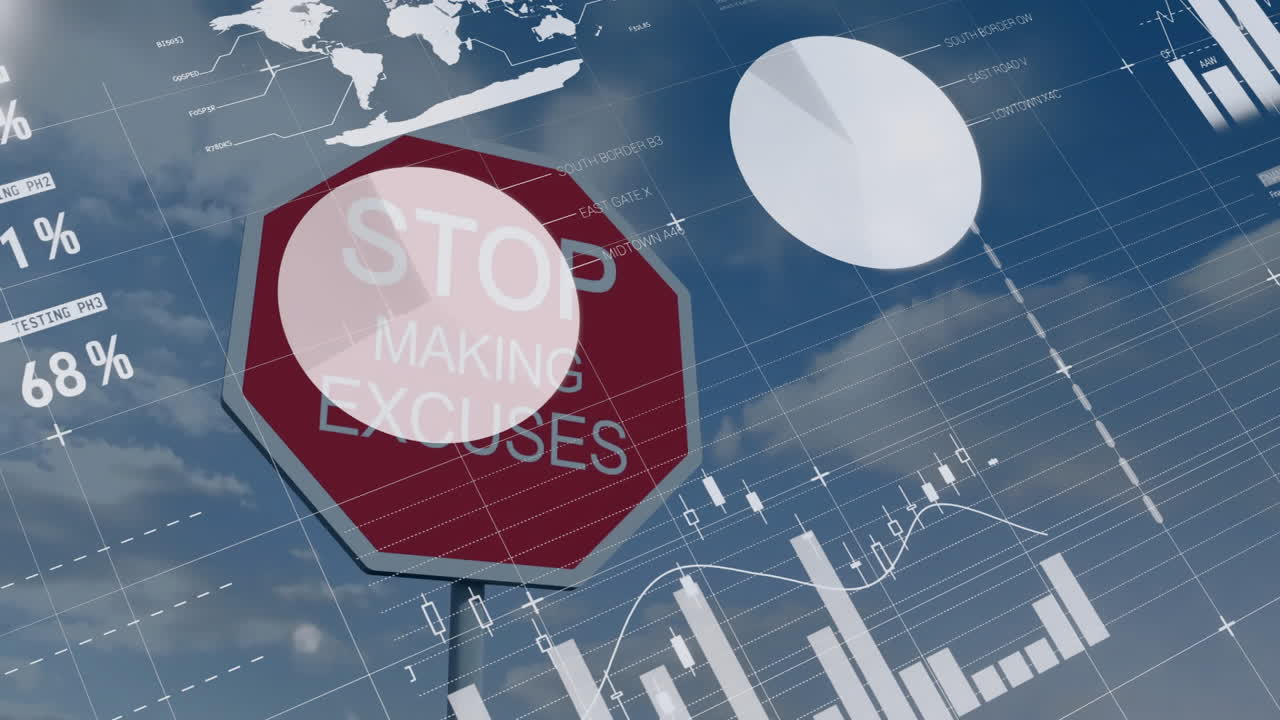 Floating red octagon sign reading STOP MAKING EXCUSES hovering across sky overlaying finance charts