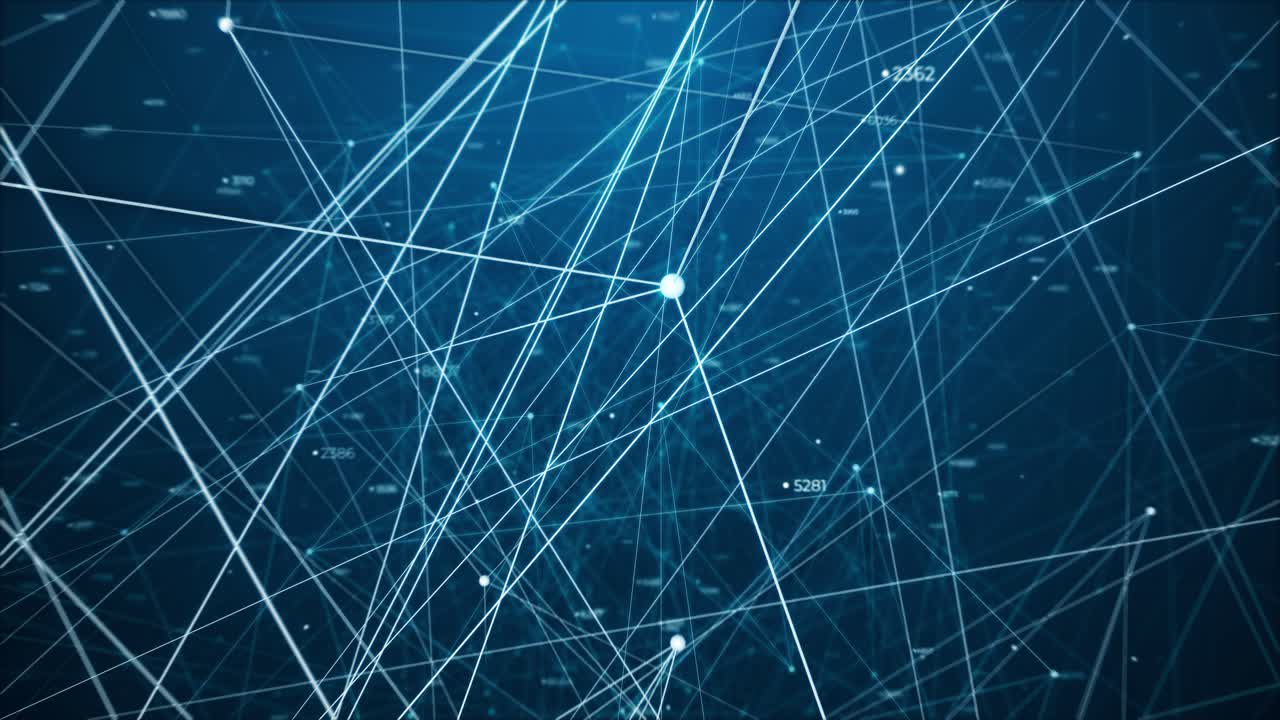 Flying Through Digital Random Digits Plexus Blockchain Bitcoin Geometrical Background Dots And Lines Network Hi Tech Futuristic Modern Hologram Blue Glow Nodes Computer Internet Connection Cyberspace