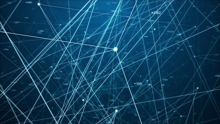 Volando attraverso cifre digitali casuali, plesso, blockchain, Bitcoin, sfondo geometrico, rete di punti e linee, hi-tech, ologramma moderno futuristico, nodi con bagliore blu, connessione internet del computer e cyberspazio
