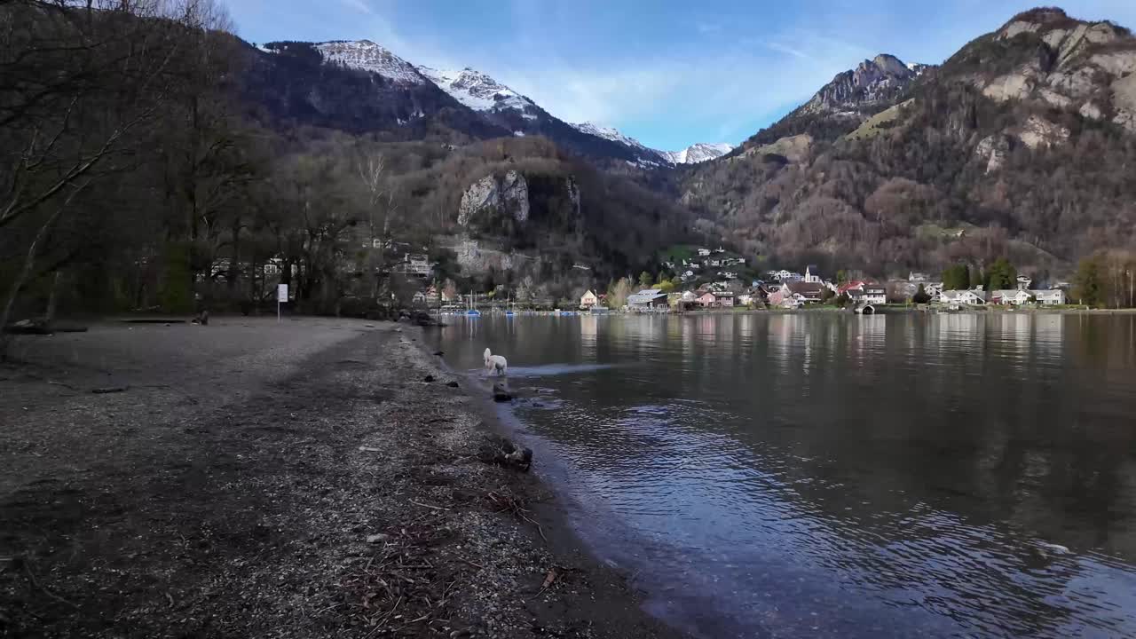 Perspective shot of small village banked on beautiful lake surrounded by beautiful mountains featuring a dog running on walkway for a wooden stick thrown in lake