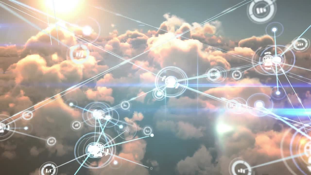 animación de redes de conexiones con iconos en el cielo