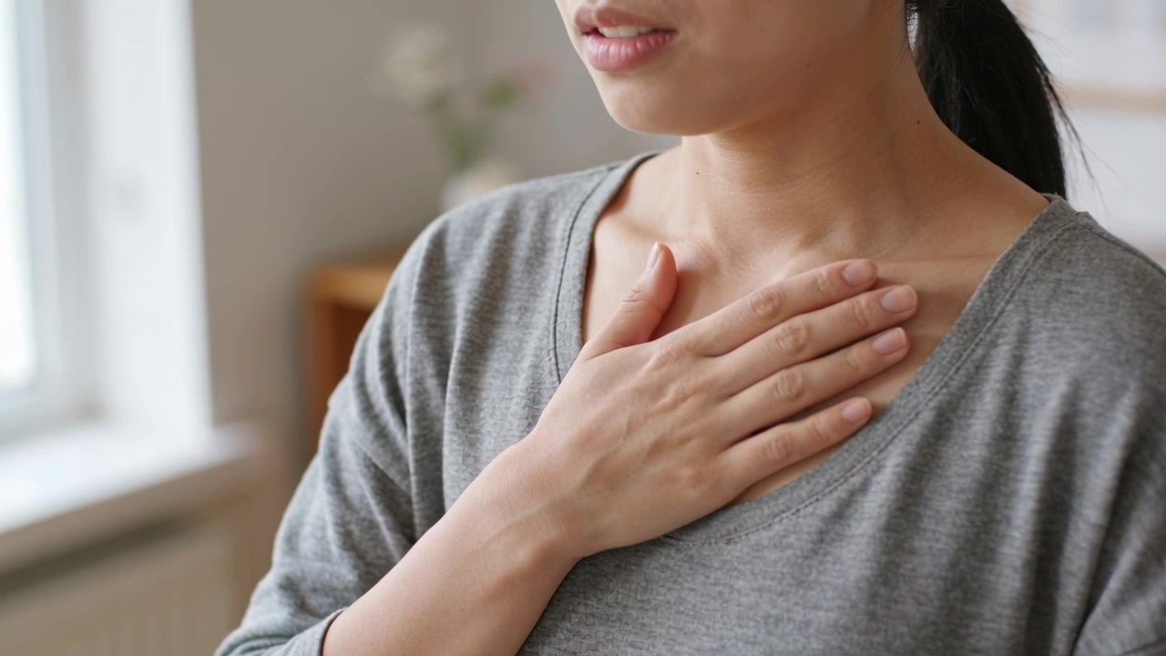 Facendo un respiro calmante, una donna posa la mano destra sul petto a casa, mantenendo il contatto, maglietta grigia.