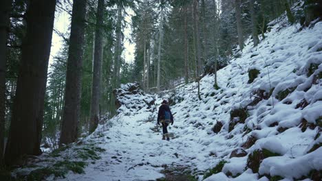 A-woman-hikes-up-a-snow-covered-trail-in-the-Vosges-mountains,-she-is-looking-tired-and-cold