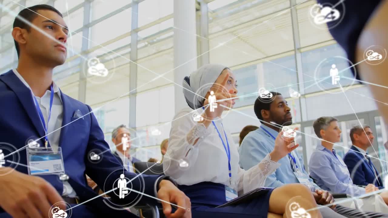 Animation of network of digital icons against woman in hijab talking at business conference