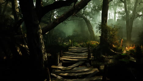 wooden walkway in dark forest