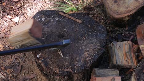 Looking down at log as man splits it with axe - winter fuel - close up of axe, log, man at work, legs, work boots and work gloves - SLOW MOTION 4K