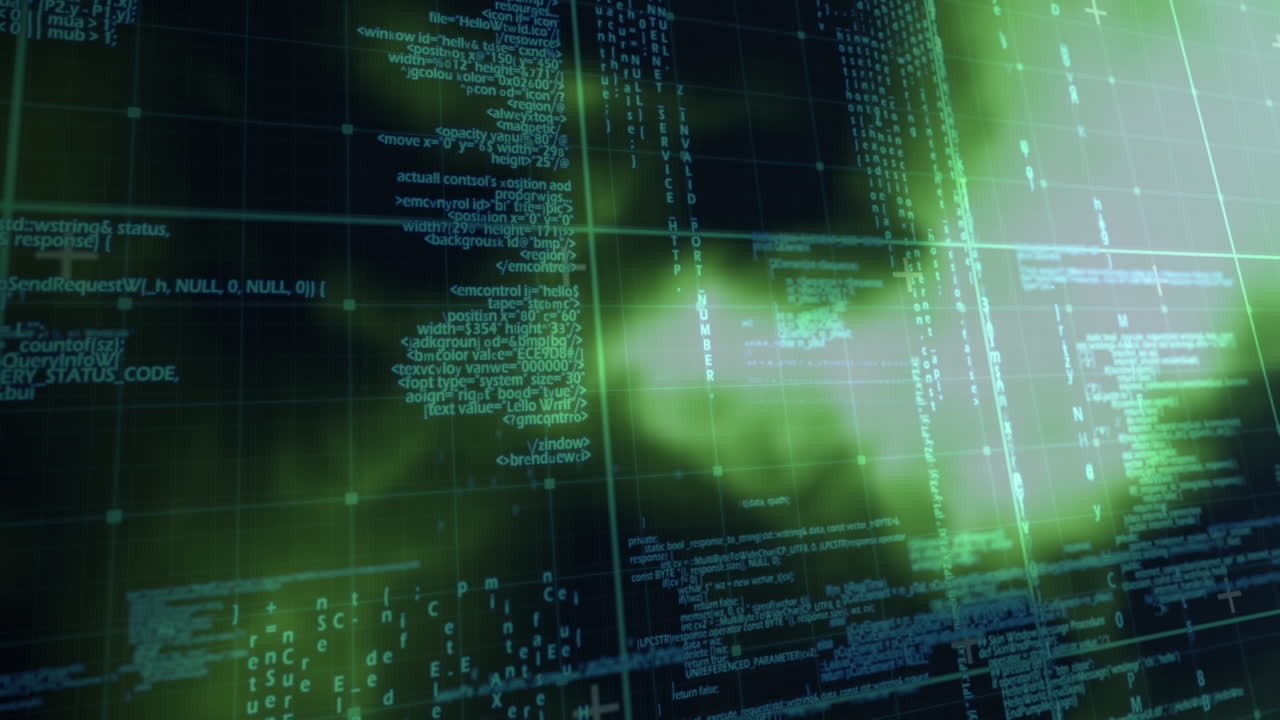 Animation of glowing data processing with markers over grid