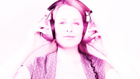 cool female dancer with changing retro headphones to listen to music